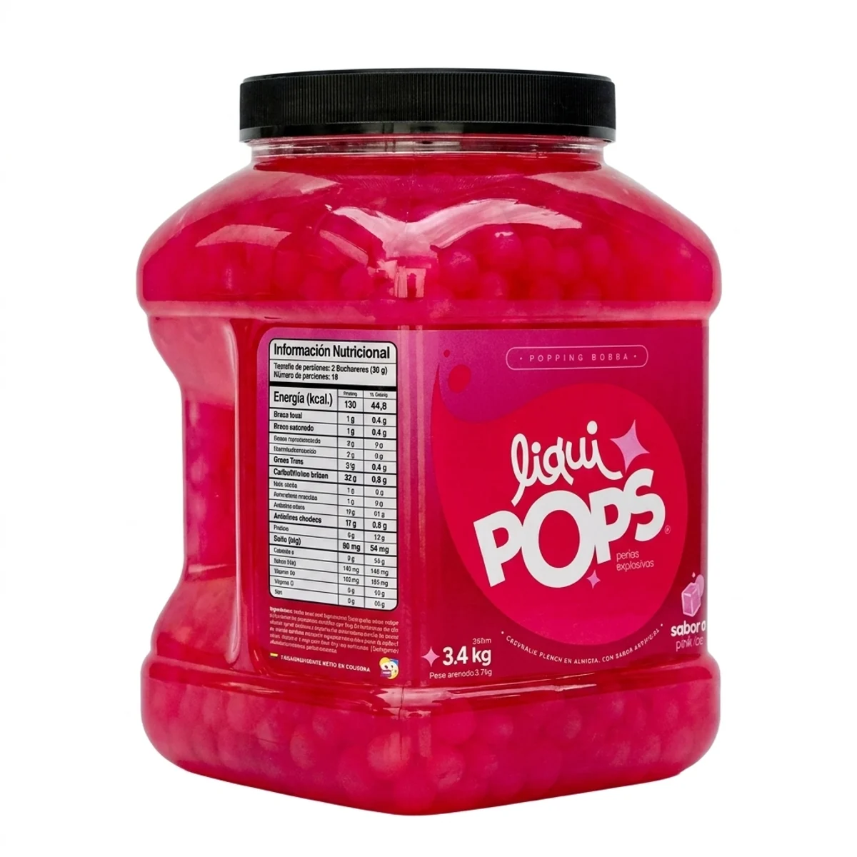 Tarro LiquiPops Pink Ice 3400g — perlas explosivas en almíbar, fondo blanco